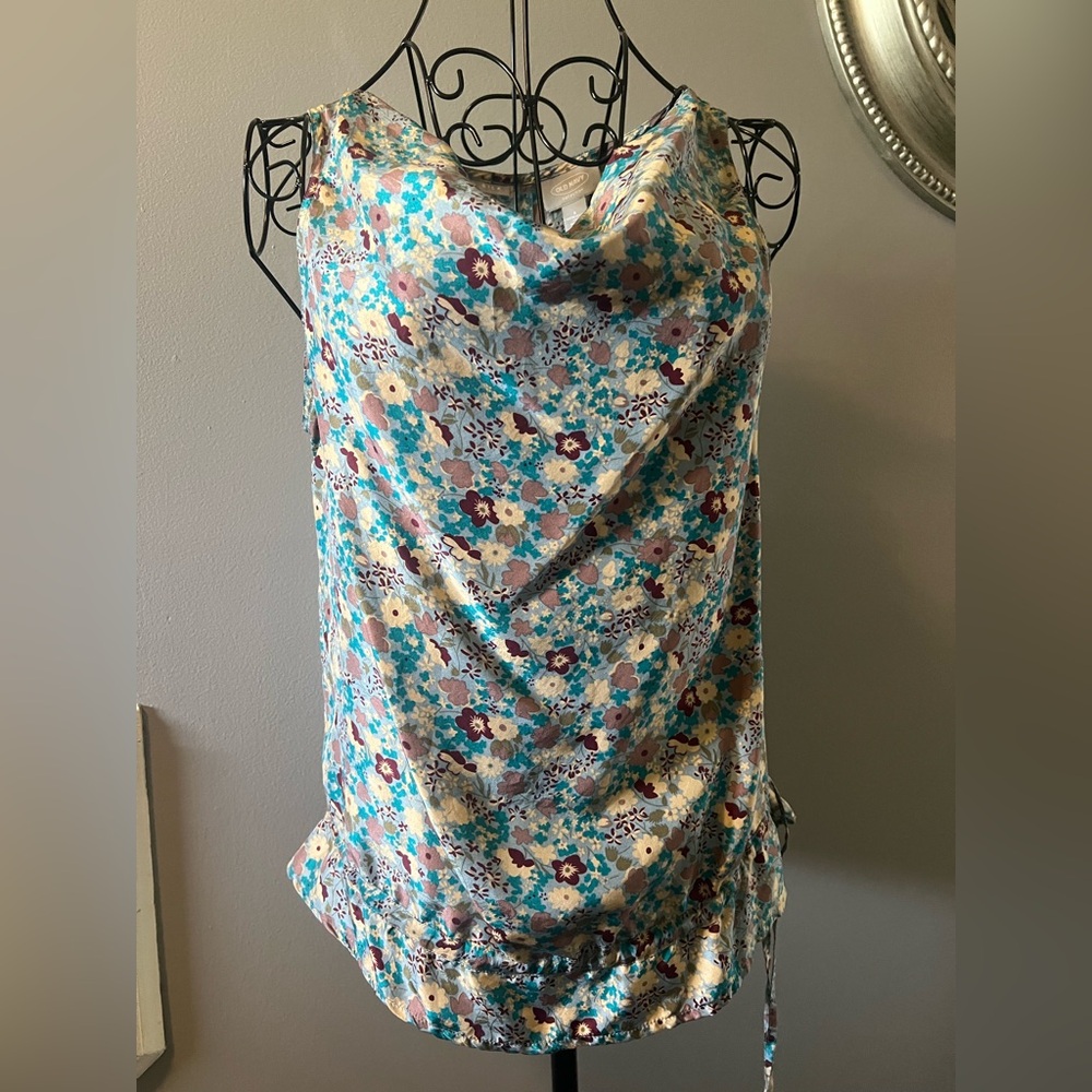 Old Navy 100% Silk Floral Blue Brown Sleeveless Summer Blouse Small